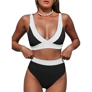 NWT Hilinker Black White Color Block Bikini V Neck High Waisted